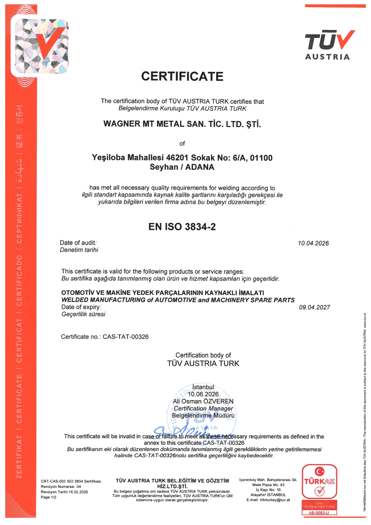 EN ISO 3834-2 sertifikası